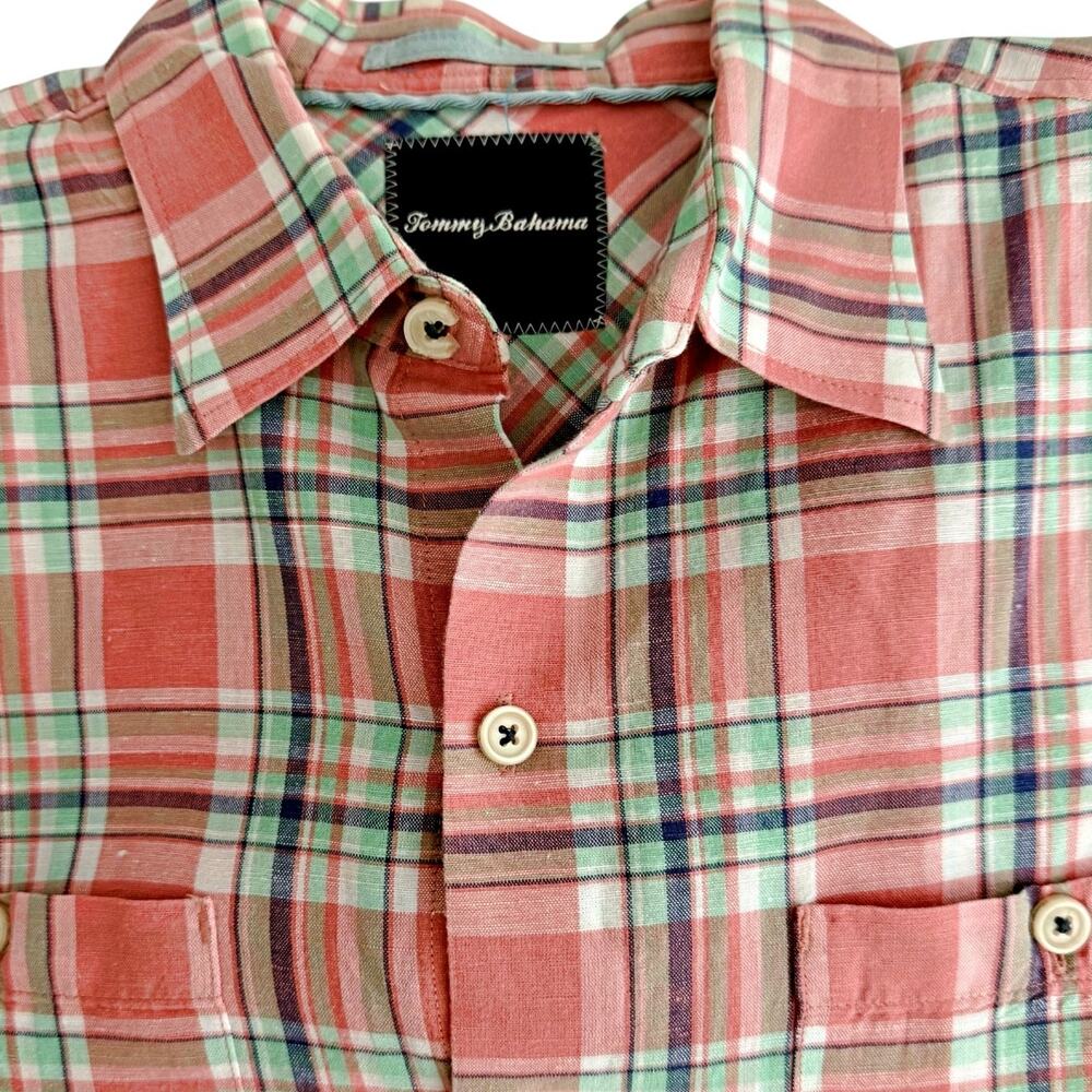 Tommy Bahama Linen Blend Pink Blue Green Plaid L/S Button Down Shirt